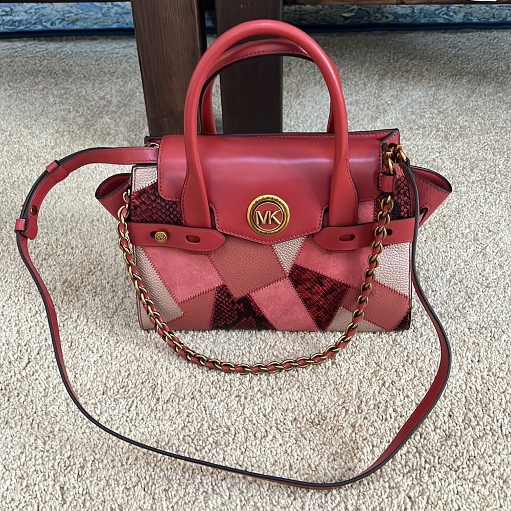 NWT! MICHAEL Michael Kors Carmen terracotta patchwork leather belted satchel